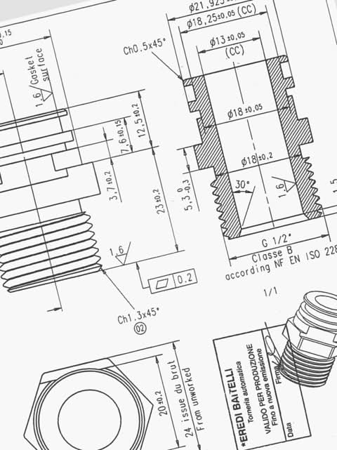 Technical drawing of a threaded fitting, with dimensions and tolerances