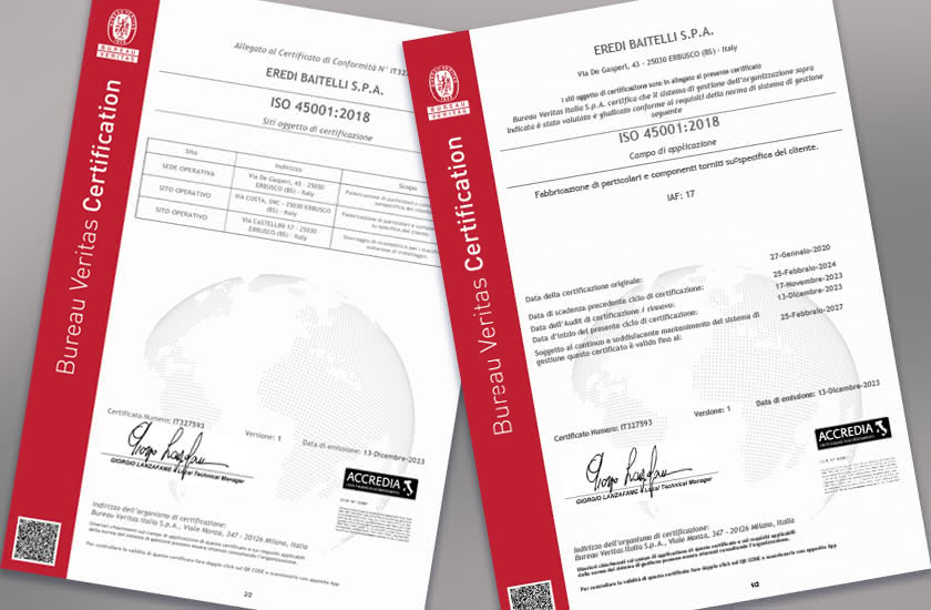 ISO 45001:2018 certificate for Eredi Baitelli issued by Bureau Veritas, with Accredia stamps and authorized signatures.